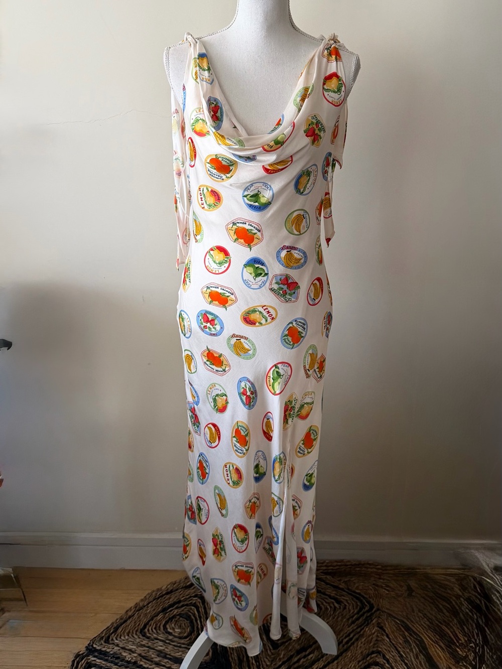 ASTR the Label Allexina Satin Midi Dress Ivory & Fruit Cocktail Size Medium NWT - Picture 10 of 16